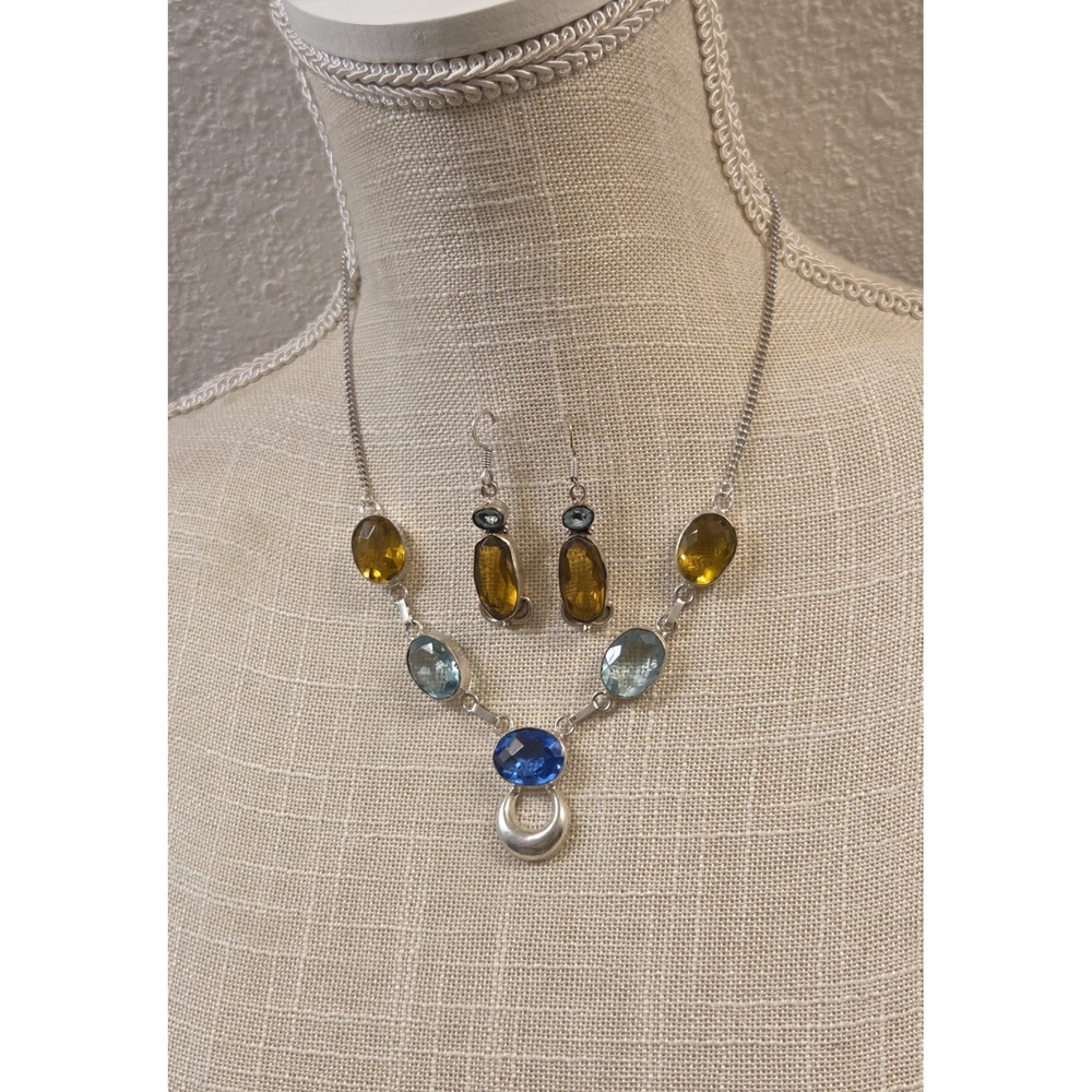 Stunning Vintage Sterling Silver Topaz & Citrine Elegant Necklace & Earrings Set